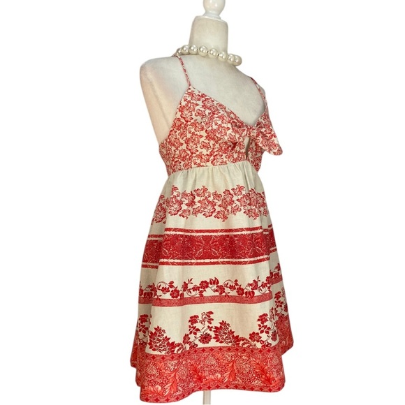 Alice + Olivia Linen Melvina Mini Dress Tie Front Block Print Red Antique White - Picture 13 of 16